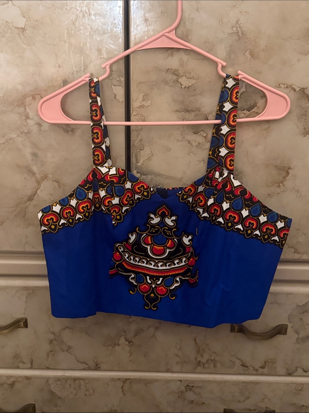 Blue Printed Crop Top with Bold Ethnic Motif